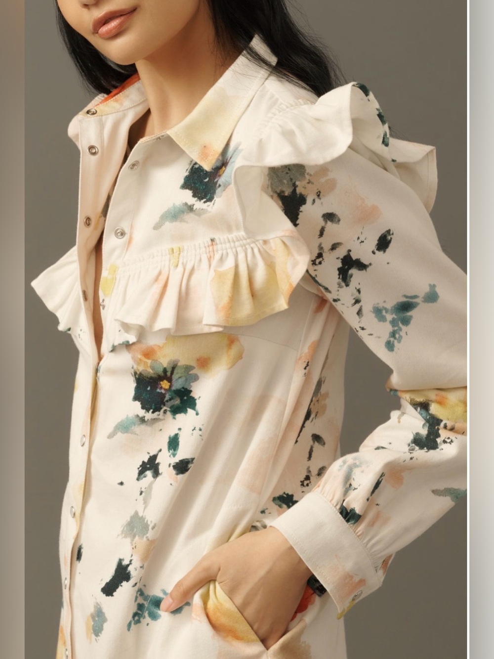 NWT Pilcro Long-Sleeve Ruffled Denim Mini Shirtdress | XXS - Picture 3 of 8